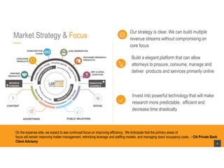 Market Strategy & Focus
Our strategy is clear. We can build multiple
revenue streams without compromising on
core focus
On the expense side, we expect to see continued focus on improving efficiency. We Anticipate that the primary areas of
focus will remain improving matter management, rethinking leverage and staffing models, and managing down occupancy costs. – Citi Private Bank
Client Advisory
4
Build a elegant platform that can allow
attorneys to procure, consume, manage and
deliver products and services primarily online
Invest into powerful technology that will make
research more predictable, efficient and
decrease time drastically
 