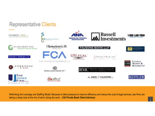 Representative Clients
Rethinking the Leverage and Staffing Model: Because of client pressure to improve efficiency and reduce the cost of legal services, law firms are
taking a closer look at the mix of who’s doing the work. - Citi Private Bank Client Advisory 1
5
 