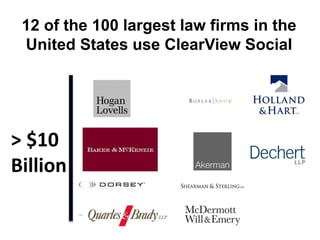 12 of the 100 largest law firms in the
United States use ClearView Social
> $10
Billion
 