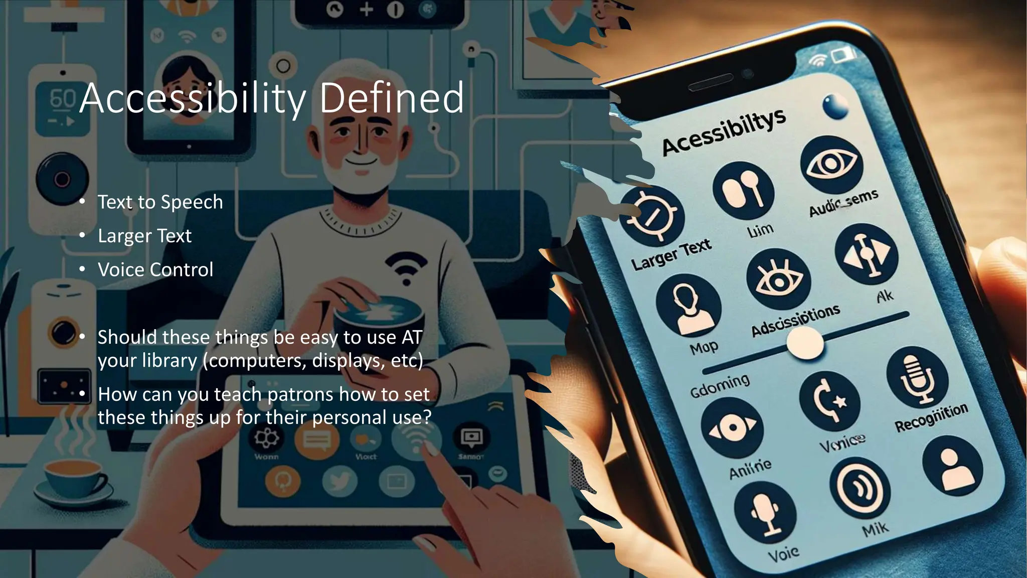 Accessibility Defined
• Text to Speech
• Larger Text
• Voice Control
• Should these things be easy to use AT
your library (computers, displays, etc)
• How can you teach patrons how to set
these things up for their personal use?
 