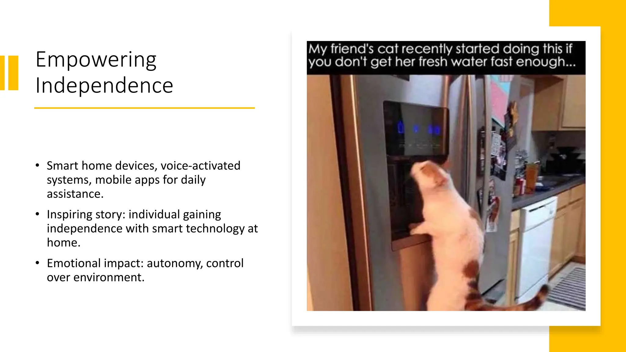 Empowering
Independence
• Smart home devices, voice-activated
systems, mobile apps for daily
assistance.
• Inspiring story: individual gaining
independence with smart technology at
home.
• Emotional impact: autonomy, control
over environment.
 