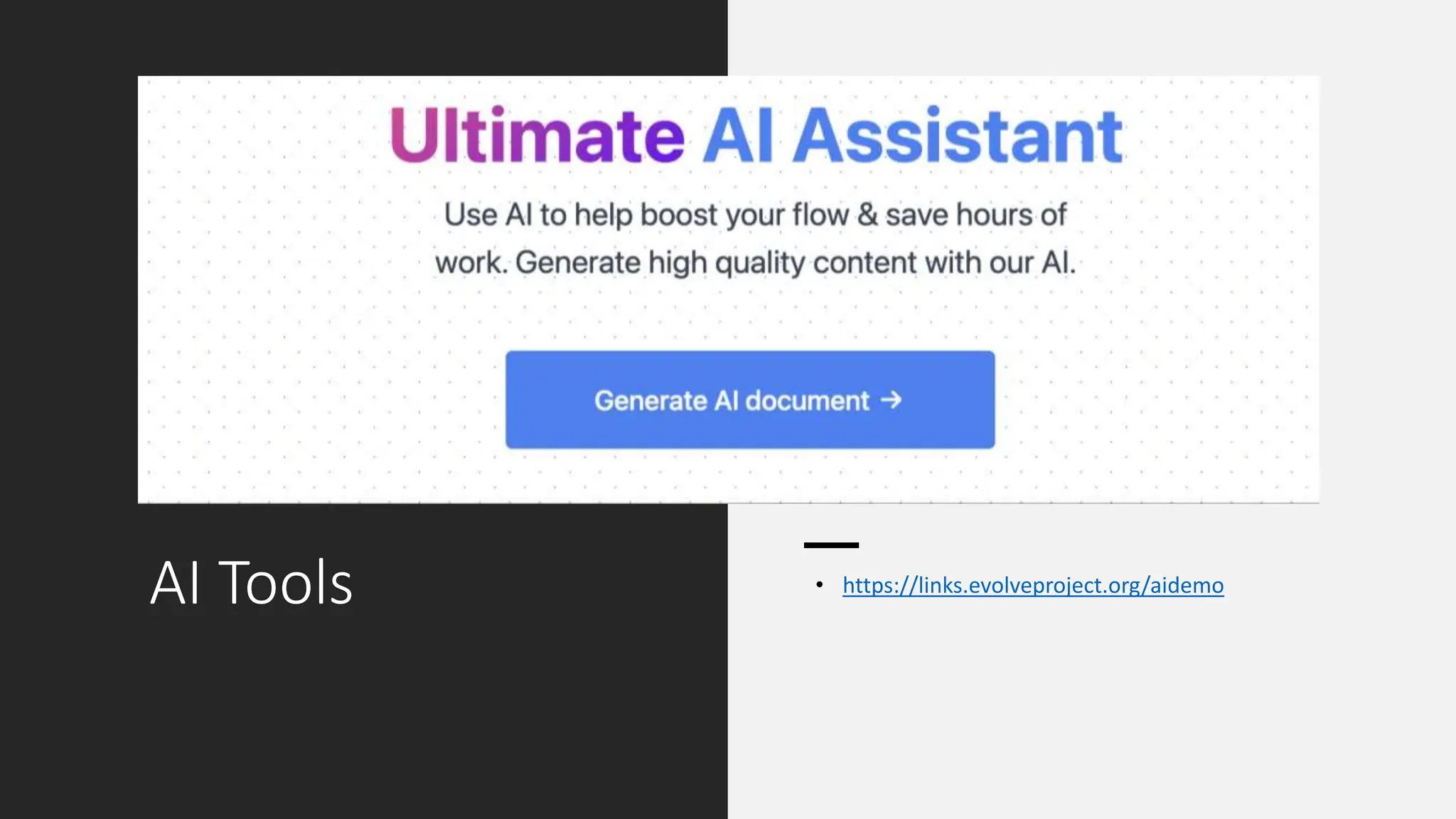 AI Tools • https://links.evolveproject.org/aidemo
 