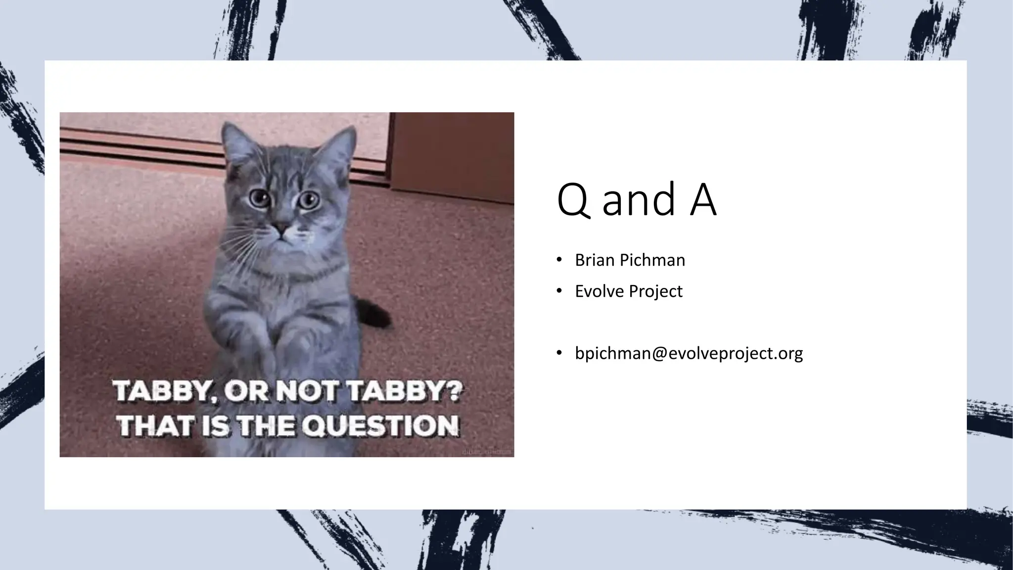 Q and A
• Brian Pichman
• Evolve Project
• bpichman@evolveproject.org
 