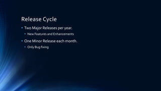 Release Cycle
• Two Major Releases per year.
• New Features and Enhancements
• One Minor Release each month.
• Only Bug fixing
 