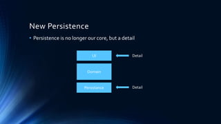 New Persistence
• Persistence is no longer our core, but a detail
DetailUI
Domain
Persistance Detail
 