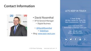 Contact Information
© 2019 Razor Technology www.razor-tech.com
• David Rosenthal
• VP & General Manager
• Digital Business
• @DavidJRosenthal
• SlideShare
• Blog: www.razor-tech.com
5 Tower Bridge
300 Barr Harbor Dr., Suite 705
West Conshohocken, PA 19428
www.razor-tech.com
David.Rosenthal@razor-tech.com
Cell: 215.801.4430
Office: 866.RZR.DATA
LETS KEEP IN TOUCH
22
 