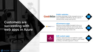 Customers are
succeeding with
web apps in Azure
eCommerce apps
Moving to Azure enables Komplett to focus on
creating innovative features and services rather
than maintenance and operations, and led to the
best Black Friday they’ve had so far
B2B custom apps
Hotailors reduced its time to market for supplier
integration from between 4-6 weeks to just 2 weeks
by taking a serverless approach in Azure
Public websites
By taking advantage of fully managed services in
Azure, GeekWire’s WordPress site can scale on-
demand while cutting costs by 45%
 