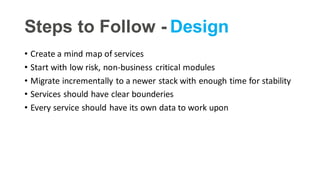 Steps to Follow - Design
• Create a mind map of services
• Start with low risk, non-business critical modules
• Migrate incrementally to a newer stack with enough time for stability
• Services should have clear bounderies
• Every service should have its own data to work upon
 
