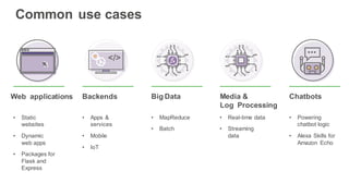 Chatbots
• Powering
chatbot logic
• Alexa Skills for
Amazon Echo
Common use cases
Web applications
• Static
websites
• Dynamic
web apps
• Packages for
Flask and
Express
Backends
• Apps &
services
• Mobile
• IoT
</>
Media &
Log Processing
• Real-time data
• Streaming
data
Big Data
• MapReduce
• Batch
 