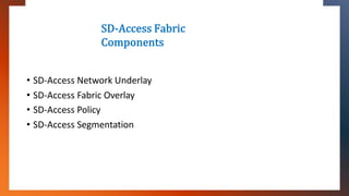 SD-Access Fabric
Components
• SD-Access Network Underlay
• SD-Access Fabric Overlay
• SD-Access Policy
• SD-Access Segment...