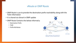 vRoute or OMP Route
on:
• OMP Route is use to provide the destination prefix reachability along with the
TLOC Information
...