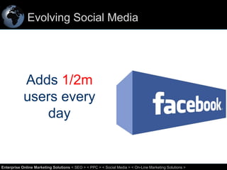 Evolving Social Media

Adds 1/2m
users every
day

16
Enterprise Online Marketing Solutions < SEO > < PPC > < Social Media > < On-Line Marketing Solutions >

 