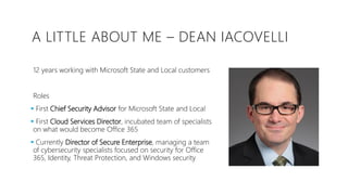 A LITTLE ABOUT ME – DEAN IACOVELLI
12 years working with Microsoft State and Local customers
Roles
▪ First Chief Security ...