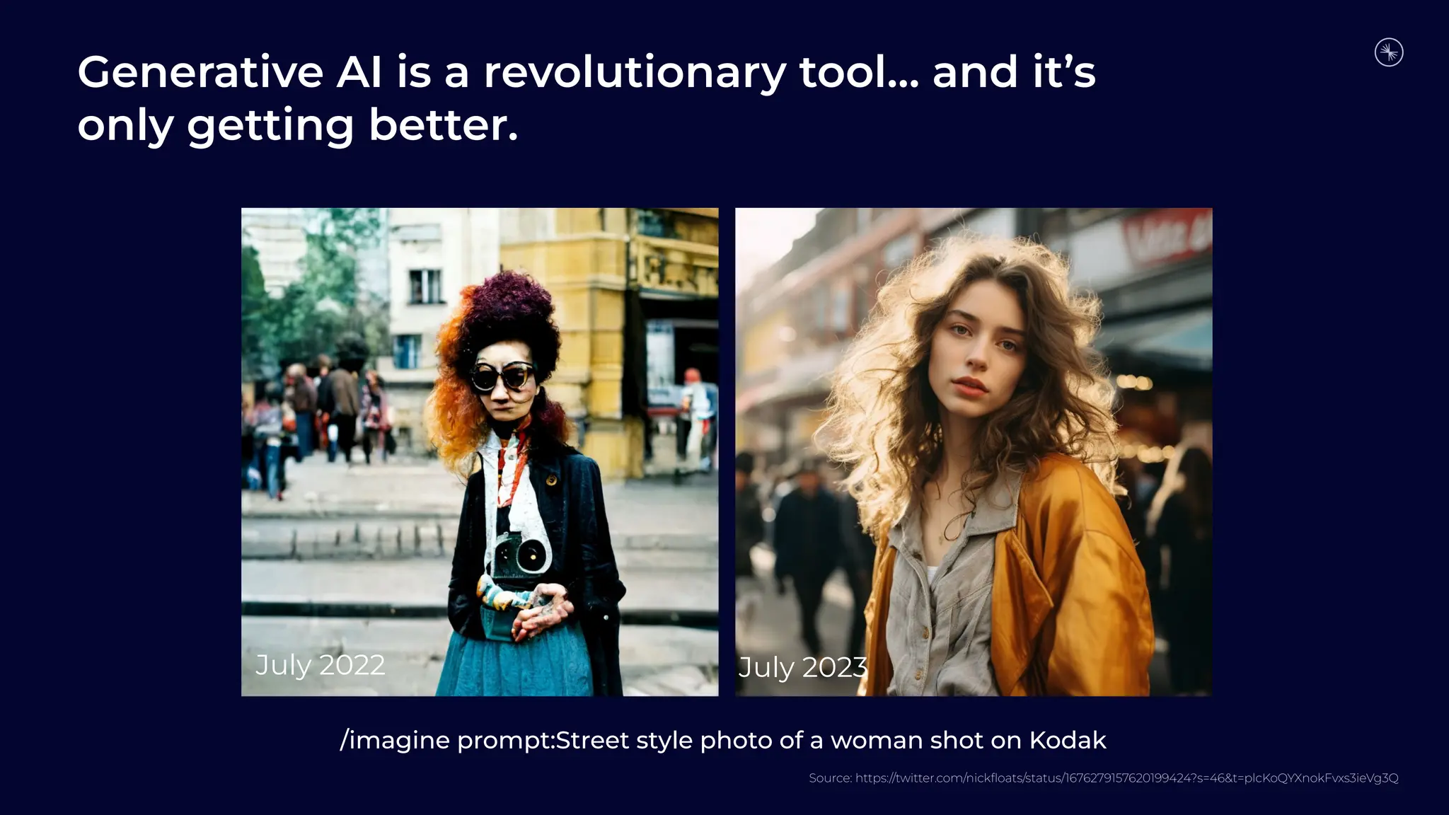 Generative AI is a revolutionary tool… and it’s
only getting better.
/imagine prompt:Street style photo of a woman shot on Kodak
July 2022 July 2023
Source: https://twitter.com/nickﬂoats/status/1676279157620199424?s=46&t=plcKoQYXnokFvxs3ieVg3Q
 