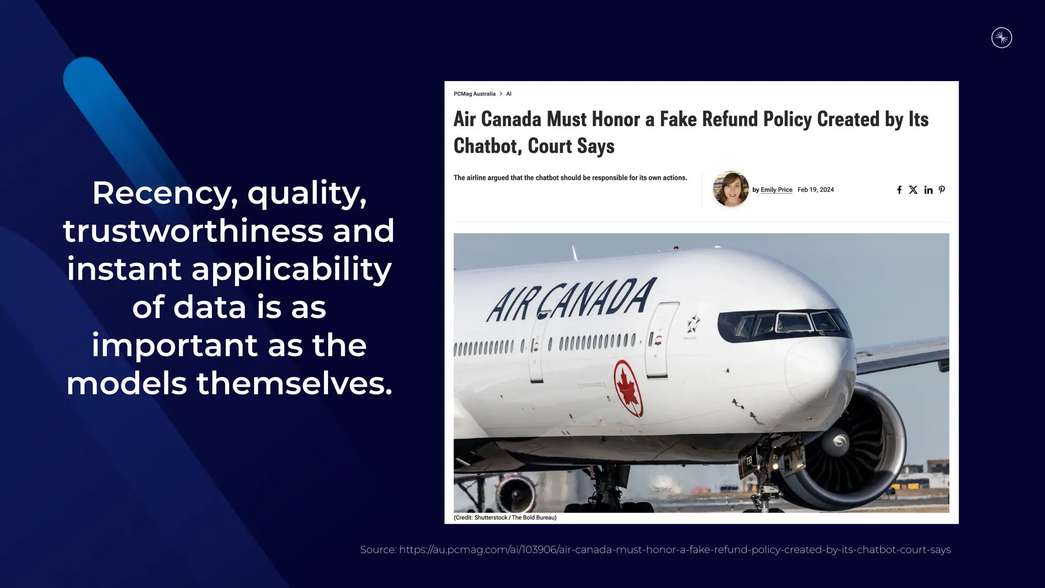 Recency, quality,
trustworthiness and
instant applicability
of data is as
important as the
models themselves.
Source: https://au.pcmag.com/ai/103906/air-canada-must-honor-a-fake-refund-policy-created-by-its-chatbot-court-says
Source: https://au.pcmag.com/ai/103906/air-canada-must-honor-a-fake-refund-policy-created-by-its-chatbot-court-says
 