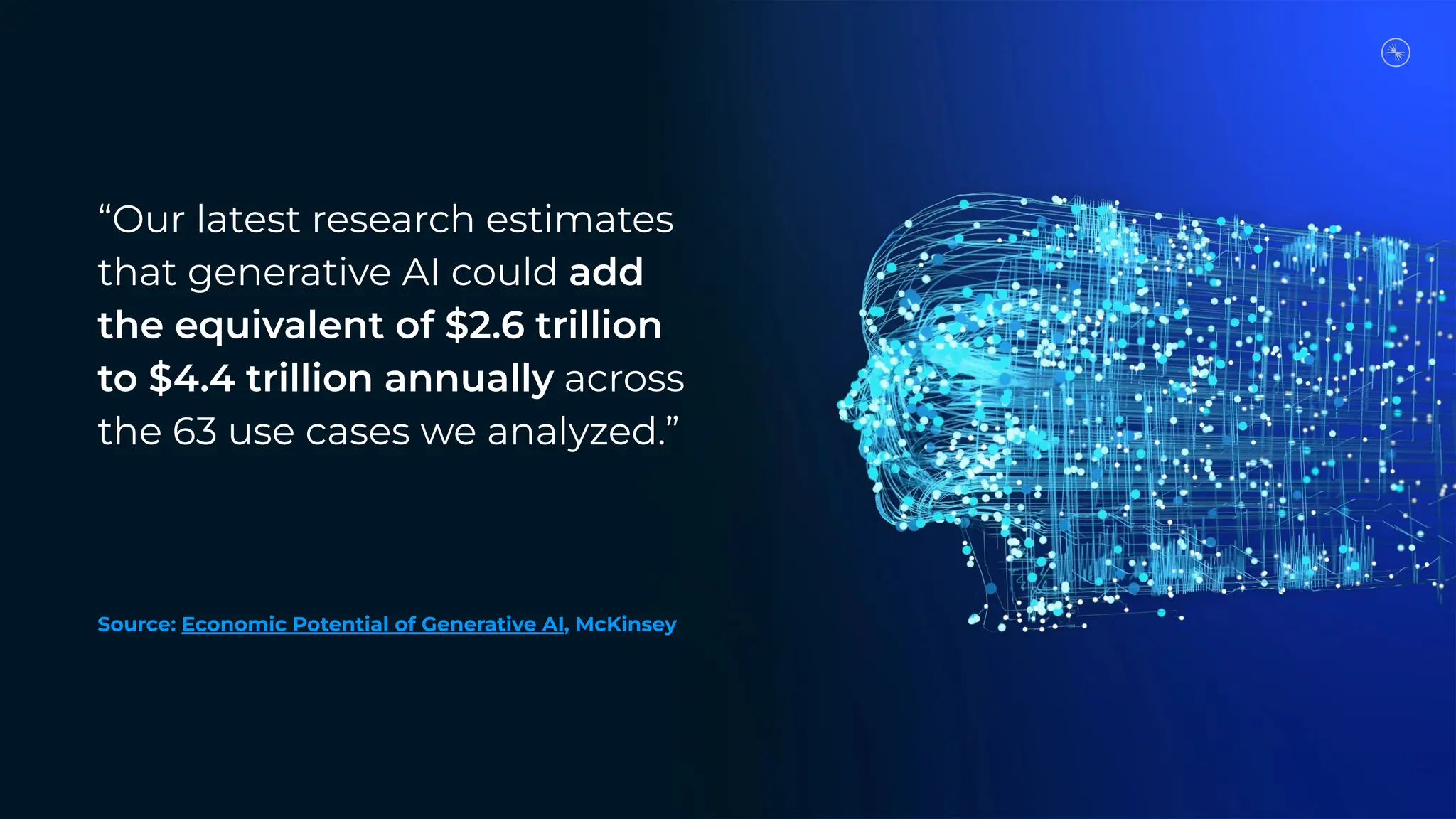 “Our latest research estimates
that generative AI could add
the equivalent of $2.6 trillion
to $4.4 trillion annually across
the 63 use cases we analyzed.”
Source: Economic Potential of Generative AI, McKinsey
 