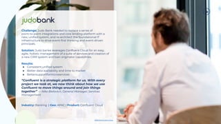 Challenge: Judo Bank needed to replace a series of
point-to-point integrations and core lending platform with a
new, uniﬁed system, and re-architect the foundational IT
infrastructure to drive event-ﬁrst thinking and event-driven
principals.
Solution: Judo banke leverages Conﬂuent Cloud for an easy,
agile, holistic management of a suite of services and creation of
a new CRM system and loan originator capabilities.
Results:
● Consistent,uniﬁed system
● Better data availability and time to market
● Bettersupportformicroservices
“Conﬂuent is a strategic platform for us. With every
project we look at, we now think about how we use
Conﬂuent to move things around and join things
together” — Niko Bielovich, General Manager, Services
Management
Industry: Banking | Geo: APAC | Product: Conﬂuent Cloud
Click here to learn more.
 