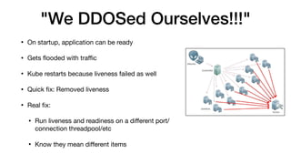 "We DDOSed Ourselves!!!"
• On startup, application can be ready

• Gets ﬂooded with traﬃc

• Kube restarts because liveness failed as well

• Quick ﬁx: Removed liveness

• Real ﬁx:

• Run liveness and readiness on a diﬀerent port/
connection threadpool/etc

• Know they mean diﬀerent items
 