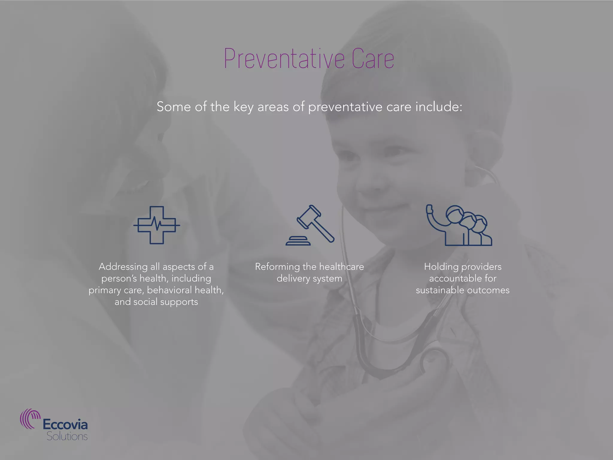 Preventative Care
Some of the key areas of preventative care include:
Addressing all aspects of a
person’s health, including
primary care, behavioral health,
and social supports
Reforming the healthcare
delivery system
Holding providers
accountable for
sustainable outcomes
 