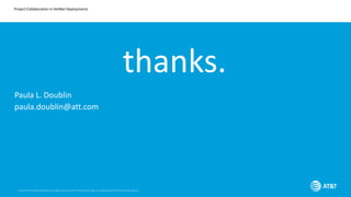 Project Collaboration in HetNet Deployments
thanks.
Paula L. Doublin
paula.doublin@att.com
© 2016 AT&TIntellectualProperty. All rights reserved. AT&T and the AT&Tlogoare trademarks ofAT&TIntellectualProperty.
 