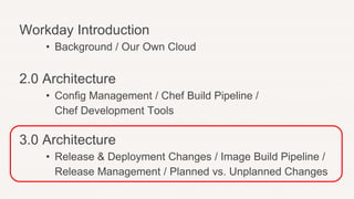 Workday Introduction
• Background / Our Own Cloud
2.0 Architecture
• Config Management / Chef Build Pipeline /
Chef Development Tools
3.0 Architecture
• Release & Deployment Changes / Image Build Pipeline /
Release Management / Planned vs. Unplanned Changes
 