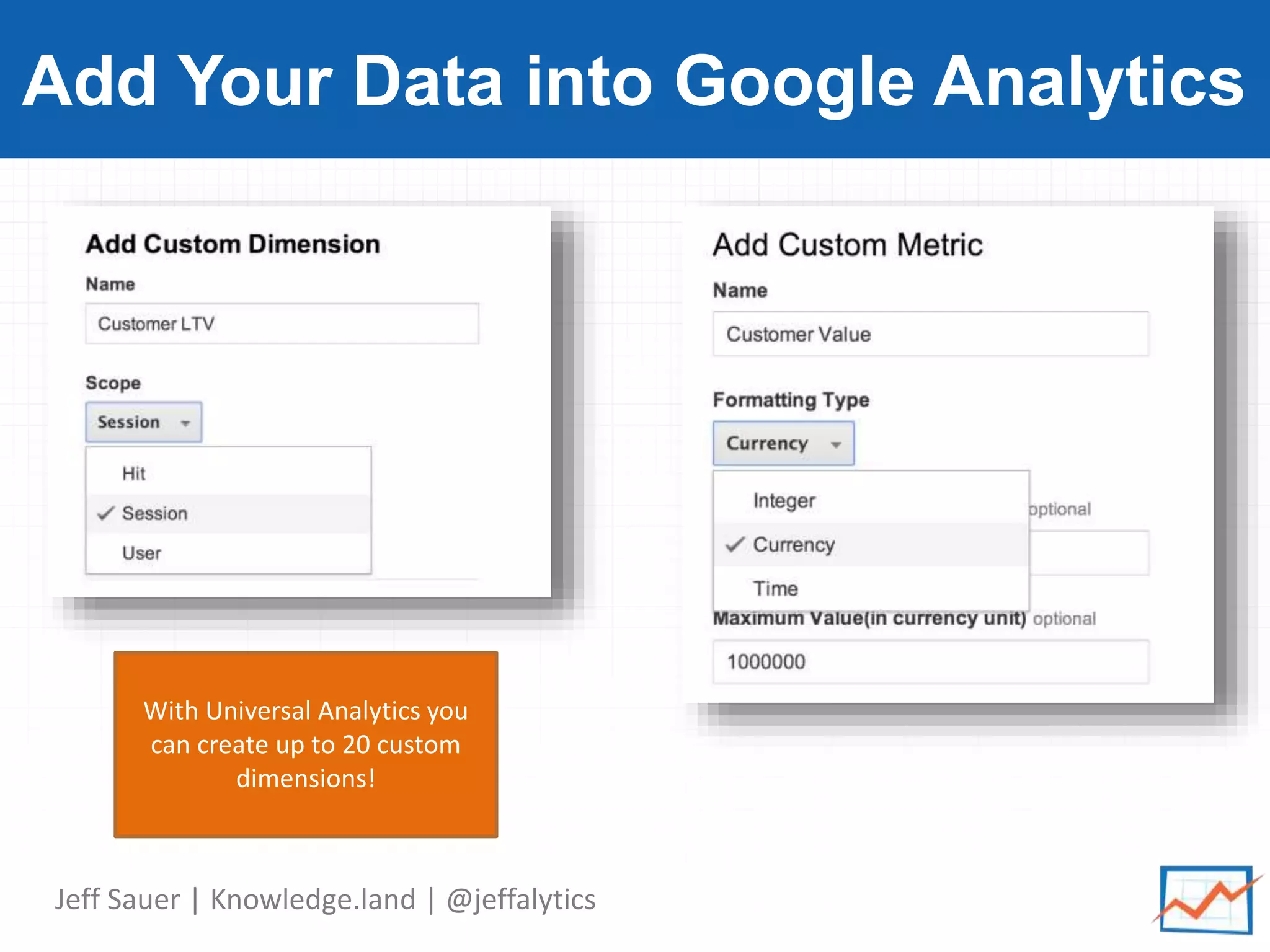 Jeff Sauer | Knowledge.land | @jeffalytics
Add Your Data into Google Analytics
With Universal Analytics you
can create up to 20 custom
dimensions!
 
