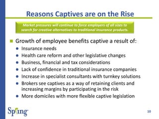 10
Reasons Captives are on the Rise
 Growth of employee benefits captive a result of:
 Insurance needs
 Health care reform and other legislative changes
 Business, financial and tax considerations
 Lack of confidence in traditional insurance companies
 Increase in specialist consultants with turnkey solutions
 Brokers see captives as a way of retaining clients and
increasing margins by participating in the risk
 More domiciles with more flexible captive legislation
Market pressures will continue to force employers of all sizes to
search for creative alternatives to traditional insurance products.
 