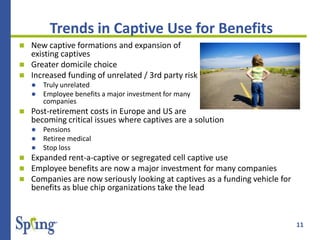 11
Trends in Captive Use for Benefits
 New captive formations and expansion of
existing captives
 Greater domicile choice
 Increased funding of unrelated / 3rd party risk
 Truly unrelated
 Employee benefits a major investment for many
companies
 Post-retirement costs in Europe and US are
becoming critical issues where captives are a solution
 Pensions
 Retiree medical
 Stop loss
 Expanded rent-a-captive or segregated cell captive use
 Employee benefits are now a major investment for many companies
 Companies are now seriously looking at captives as a funding vehicle for
benefits as blue chip organizations take the lead
 