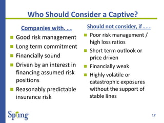 17
Who Should Consider a Captive?
Companies with. . .
 Good risk management
 Long term commitment
 Financially sound
 Driven by an interest in
financing assumed risk
positions
 Reasonably predictable
insurance risk
Should not consider, if . . .
 Poor risk management /
high loss ratios
 Short term outlook or
price driven
 Financially weak
 Highly volatile or
catastrophic exposures
without the support of
stable lines
 