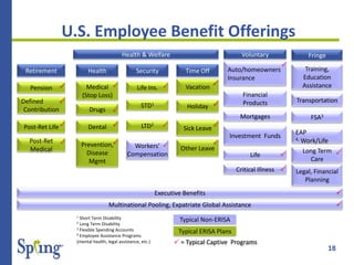 18
U.S. Employee Benefit Offerings
Retirement Health Security Time Off
Voluntary
Vacation
Financial
ProductsHolidaySTD1
Drugs
Defined
Contribution
Sick Leave
Mortgages
Investment Funds
Fringe
Training,
Education
Assistance
Transportation
FSA3
Legal, Financial
Planning
Dental
Other Leave
Health & Welfare
Pension

Post-Ret Life
Post-Ret
Medical

Medical
(Stop Loss)
 Life Ins. 
LTD2 
Workers’
Compensation

Auto/homeowners
Insurance

Life
Long Term
Care

1 Short Term Disability
2 Long Term Disability
3 Flexible Spending Accounts
4 Employee Assistance Programs
(mental health, legal assistance, etc.)
Multinational Pooling, Expatriate Global Assistance

Prevention,
Disease
Mgmt







Critical Illness
EAP
4, Work/Life
Executive Benefits
Typical Non-ERISA
Typical ERISA Plans




 = Typical Captive Programs
 