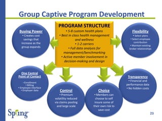 23
Control
• Premium
volatility reduced
via claims pooling
and large scale
PROGRAM STRUCTURE
• 5-8 custom health plans
• Best in class health management
and wellness
• 1-2 carriers
• Full data analysis for
management/benchmarking
• Active member involvement in
decision-making and design
One Central
Point of Contact
• Enrollment
• Billing
• Employee interface
• Employer data
Transparency
• Financial and
performance data
• No hidden costs
Buying Power
• Creates cost
savings that
increase as the
group expands
Flexibility
• Select plans
• Select employee
contribution
• Maintain existing
broker relationships
Choice
• Members can
choose to self
insure some of
their own risk to
save cost
Group Captive Program Development
 