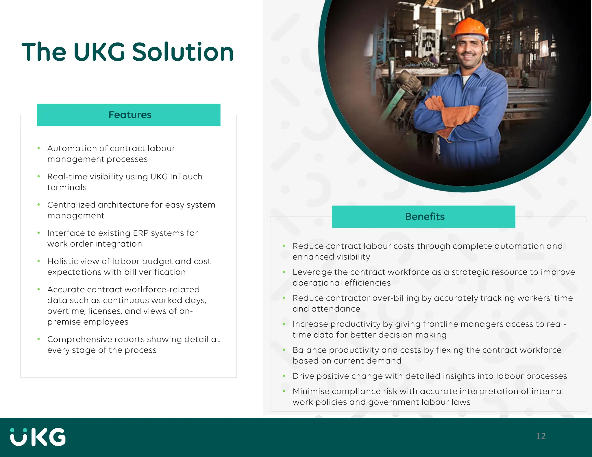 12
The UKG Solution
• Automation of contract labour
management processes
• Real-time visibility using UKG InTouch
terminals
• Centralized architecture for easy system
management
• Interface to existing ERP systems for
work order integration
• Holistic view of labour budget and cost
expectations with bill verification
• Accurate contract workforce-related
data such as continuous worked days,
overtime, licenses, and views of on-
premise employees
• Comprehensive reports showing detail at
every stage of the process
• Reduce contract labour costs through complete automation and
enhanced visibility
• Leverage the contract workforce as a strategic resource to improve
operational efficiencies
• Reduce contractor over-billing by accurately tracking workers’ time
and attendance
• Increase productivity by giving frontline managers access to real-
time data for better decision making
• Balance productivity and costs by flexing the contract workforce
based on current demand
• Drive positive change with detailed insights into labour processes
• Minimise compliance risk with accurate interpretation of internal
work policies and government labour laws
Benefits
Features
 