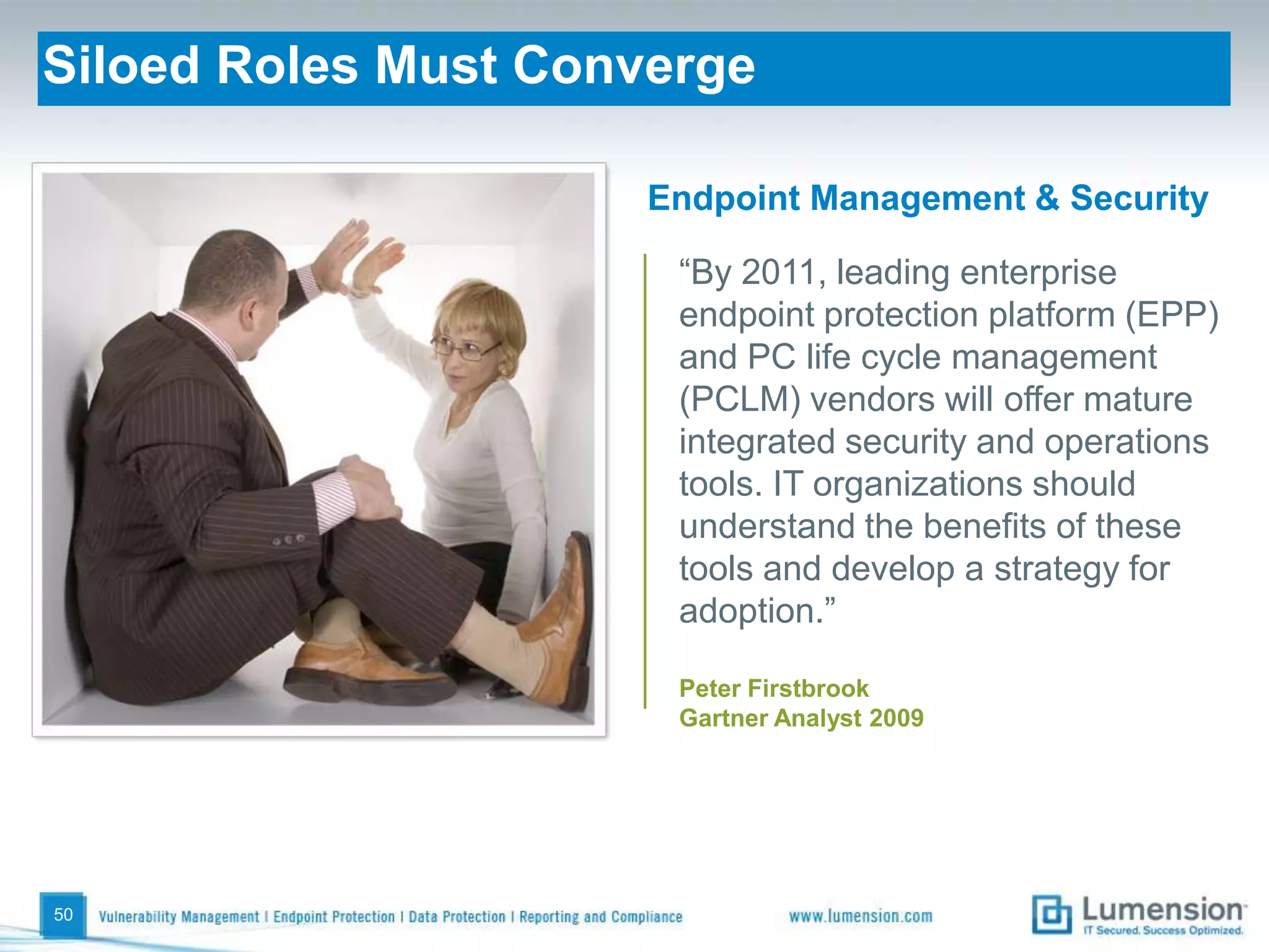 Summary Insights45Organizations are at risk because:The management of endpoint security appears to be overly complex and often a disjointed set of control activities.