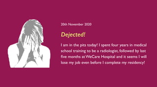 20th November 2020
Dejected!
I am in the pits today! I spent four years in medical
school training to be a radiologist, followed by last
ﬁve months at WeCare Hospital and it seems I will
lose my job even before I complete my residency!
 