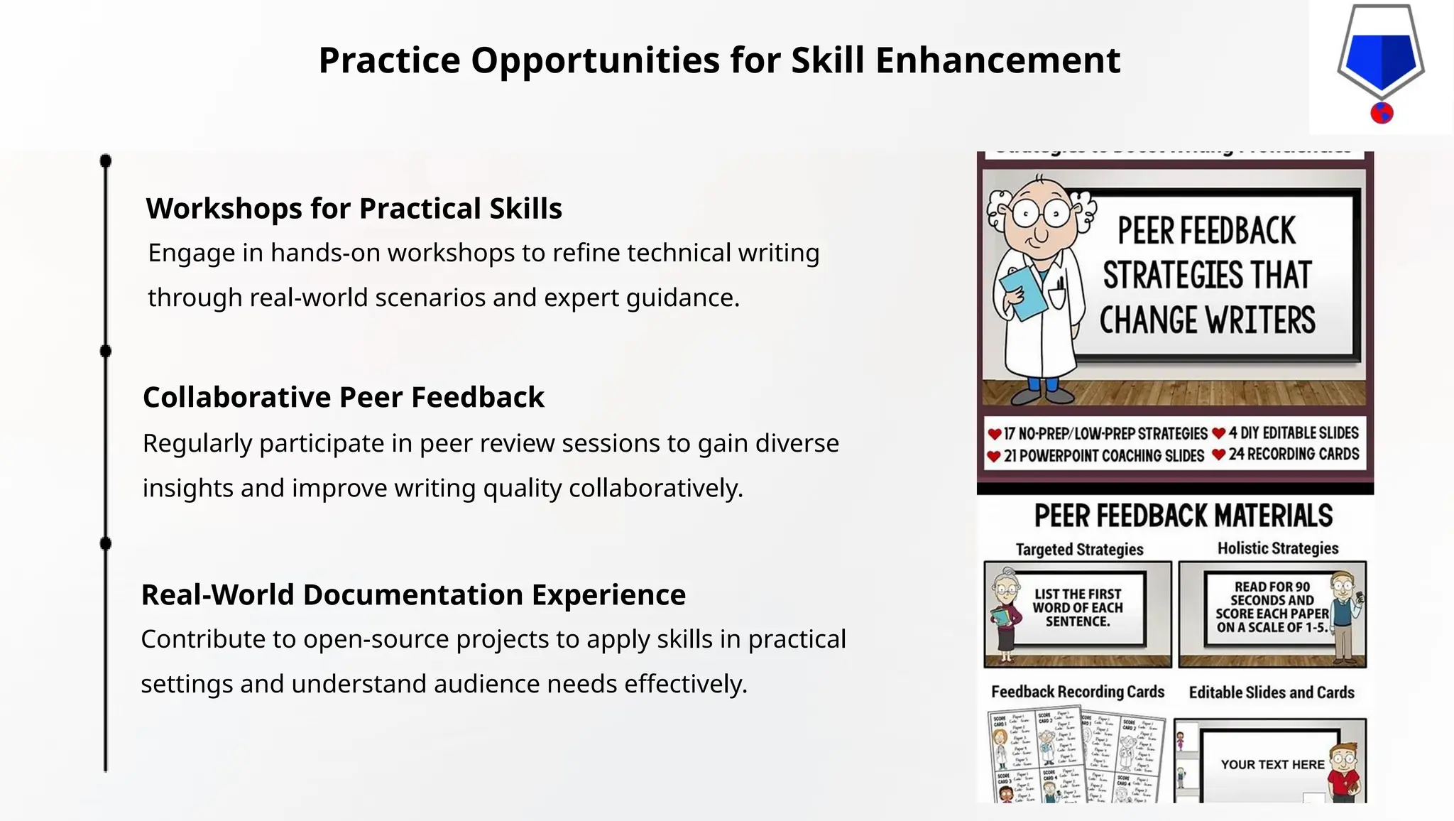 Practice Opportunities for Skill Enhancement
Workshops for Practical Skills
Engage in hands-on workshops to refine technical writing
through real-world scenarios and expert guidance.
Collaborative Peer Feedback
Regularly participate in peer review sessions to gain diverse
insights and improve writing quality collaboratively.
Real-World Documentation Experience
Contribute to open-source projects to apply skills in practical
settings and understand audience needs effectively.
 