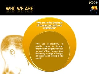 “We use co-creativity to
enable brands to interact
directly with target audience,
on and offline, in real time
delivering a range of insight,
innovation and strong media
recall.”
 