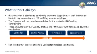 20
What is this 'Liability'?
• If a Contractor is deemed to be working within the scope of IR35, then they will be
liable to pay income tax and NIC as if they were an employee
• The Employer will then also become liable for the equivalent NIC and tax
contributions
• These amounts form the ‘Liability’ that are the HMRC can ‘hunt’ for up and down the
supply chain
• Net result is that the cost of using a Contractor increases significantly
Contractor Staffing Agency FSP Provider Sponsor Client
HMRC $$$
© MMS Holdings 2021
 