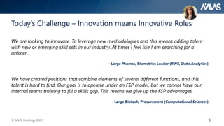 9
Today’s Challenge – Innovation means Innovative Roles
We are looking to innovate. To leverage new methodologies and this means adding talent
with new or emerging skill sets in our industry. At times I feel like I am searching for a
unicorn.
- Large Pharma, Biometrics Leader (RWE, Data Analytics)
We have created positions that combine elements of several different functions, and this
talent is hard to find. Our goal is to operate under an FSP model, but we cannot have our
internal teams training to fill a skills gap. This means we give up the FSP advantages.
- Large Biotech, Procurement (Computational Sciences)
© MMS Holdings 2021
 