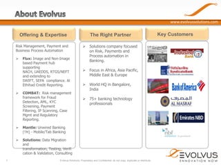 www.evolvussolutions.com

Offering & Expertise
Risk Management, Payment and
Business Process Automation




Flux: Image and Non-Image
based Payment hub
supporting
NACH, UAEDDS, RTGS/NEFT
and extending to
SWIFT, SEPA compliance. Al
Ethihad Credit Reporting.
COMBAT: Risk management
framework for Fraud
Detection, AML, KYC
Screening, Payment
Filtering, IP Scanning, Case
Mgmt and Regulatory
Reporting.



7

 Solutions company focused
on Risk, Payments and
Process automation in
Banking.
 Focus in Africa, Asia Pacific,
Middle East & Europe
 World HQ in Bangalore,
India

 75+ banking technology
professionals

Mantle: Unwired Banking
(TM) - Mobile/Tab Banking



The Right Partner

Solutions: Data Migration
and
transformation, Testing, Verifi
cation & Validation, Consulting
Evolvus Solutions. Proprietary and Confidential, do not copy, duplicate or distribute.

Key Customers

 