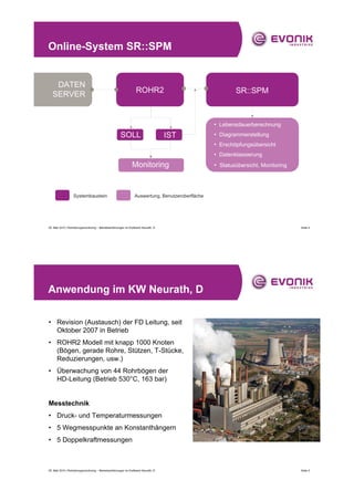 Online-System SR::SPM


    DATEN
                                                                     ROHR2                                  SR::SPM
   SERVER


                                                                                                    • Lebensdauerberechnung
                                                        SOLL                           IST          • Diagrammerstellung
                                                                                                    • Erschöpfungsübersicht
                                                                                                    • Datenklassierung
                                                                 Monitoring                         • Statusübersicht, Monitoring



                   Systembaustein                                  Auswertung, Benutzeroberfläche




05. Mail 2010 | Rohrleitungsmonitoring – Betriebserfahrungen im Kraftwerk Neurath, D                                                Seite 4




Anwendung im KW Neurath, D

• Revision (Austausch) der FD Leitung, seit
  Oktober 2007 in Betrieb
• ROHR2 Modell mit knapp 1000 Knoten
  (Bögen, gerade Rohre, Stützen, T-Stücke,
  Reduzierungen, usw.)
• Überwachung von 44 Rohrbögen der
  HD-Leitung (Betrieb 530°C, 163 bar)


Messtechnik
• Druck- und Temperaturmessungen
• 5 Wegmesspunkte an Konstanthängern
• 5 Doppelkraftmessungen



05. Mail 2010 | Rohrleitungsmonitoring – Betriebserfahrungen im Kraftwerk Neurath, D                                                Seite 5
 