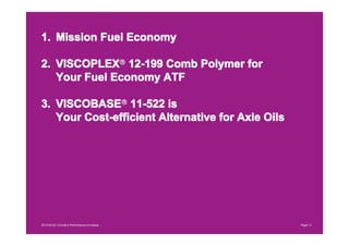 1. Mission Fuel Economy
2. VISCOPLEX® 12-199 Comb Polymer for
Your Fuel Economy ATF
3. VISCOBASE® 11-522 is
Your Cost-efficient Alternative for Axle Oils

2013-04-20 | Evonik’s Performance Envelope ...

Page | 2

 