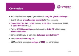 Conclusion
• Reducing fleet average CO2 emissions is our joint global challenge
• Evonik VII are crucial design elements for fuel economy
• Comb VISCOPLEX ® 12-199 delivers 1.2% FE vs conventional PAMA
at same KV100 in NEDC
• Further KV100 reduction results in another 0.4% FE whilst risking
mixed lubrication
• Combs enable you to formulate balanced low vis FE ATF
• From concept to factory fill
• OEM and end-consumer savings of 300€ per transmission
300€

2013-04-20 | Evonik’s Performance Envelope ...

Page | 22

 