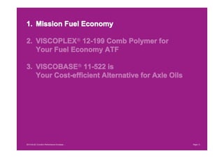 1. Mission Fuel Economy
2. VISCOPLEX® 12-199 Comb Polymer for
Your Fuel Economy ATF
3. VISCOBASE® 11-522 is
Your Cost-efficient Alternative for Axle Oils

2013-04-20 | Evonik’s Performance Envelope ...

Page | 3

 