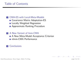 Table of Contents



         1   CMA-ES with Local-Meta-Models
              Covariance Matrix Adaptation-ES
              Locally Weighted Regression
              Approximate Ranking Procedure

         2   A New Variant of lmm-CMA
               A New Meta-Model Acceptance Criterion
               nlmm-CMA Performance

         3   Conclusions




Zyed Bouzarkouna, Anne Auger, Didier Yu Ding           page 5 of 15
 