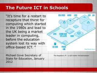 The Future ICT in Schools
“It‟s time for a restart to
recapture that thirst for
computing which started
in the 1980s and lead to
the UK being a market
leader in computing,
before the education
system lost its way with
office-based ICT. ”

Michael Gove Secretary of      The Raspberry Pi – a $25 dollar microprocessor

State for Education, January
2012
 