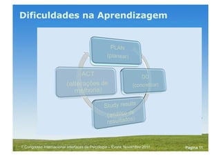 Powerpoint Templates
Pagina 11II Congresso Internacional Interfaces da Psicologia – Évora, Novembro 2011
Dificuldades na Aprendizagem
Não havendo acordo nacional (ou internacional) sobre
critérios e procedimentos de avaliação e diagnóstico, o
diagnóstico diferencial faz-se muitas vezes em função da
formação e das opções pessoais de cada profissional e
desconhecem-se estudos que comparem e validem a forma
como cada caso é analisado, classificado e encaminhado.
Modelo RTI - Os processos e os instrumentos para
esta observação são definidos e estruturados de
forma similar ao proposto em Gestão pela Qualidade.
Os próprios alunos podem aprender a usar o ciclo
PDSA para melhor entenderem a natureza sistemática
da sua aprendizagem.
 