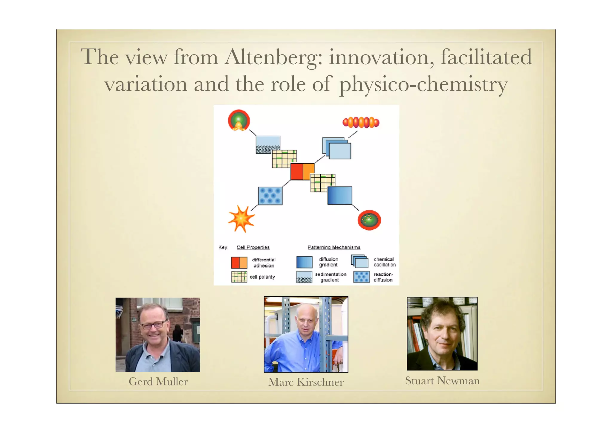 The view from Altenberg: innovation, facilitated
  variation and the role of physico-chemistry




     Gerd Muller   Marc Kirschner   Stuart Newman
 