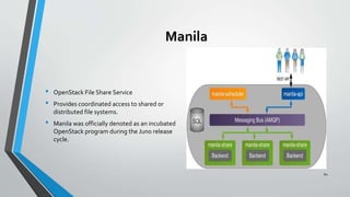 Manila
• OpenStack File Share Service
• Provides coordinated access to shared or
distributed file systems.
• Manila was officially denoted as an incubated
OpenStack program during the Juno release
cycle.
60
 