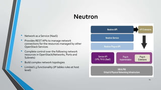 Neutron
• Network as a Service (NaaS)
• Provides REST APIs to manage network
connections for the resources managed by other
OpenStack Services
• Complete control over the following network
resources in OpenStack(Networks, Ports and
Subnets)
• Build complex network topologies
• Limited L3 functionality (IP tables rules at host
level)
62
 