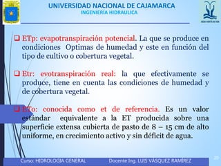 UNIVERSIDAD NACIONAL DE CAJAMARCA
Curso: HIDROLOGIA GENERAL Docente Ing. LUIS VÁSQUEZ RAMÍREZ
20
INGENIERÍA HIDRAULICA
 ETp: evapotranspiración potencial. La que se produce en
condiciones Optimas de humedad y este en función del
tipo de cultivo o cobertura vegetal.
 Etr: evotranspiración real: la que efectivamente se
produce, tiene en cuenta las condiciones de humedad y
de cobertura vegetal.
 ETo: conocida como et de referencia. Es un valor
estándar equivalente a la ET producida sobre una
superficie extensa cubierta de pasto de 8 – 15 cm de alto
uniforme, en crecimiento activo y sin déficit de agua.
 
